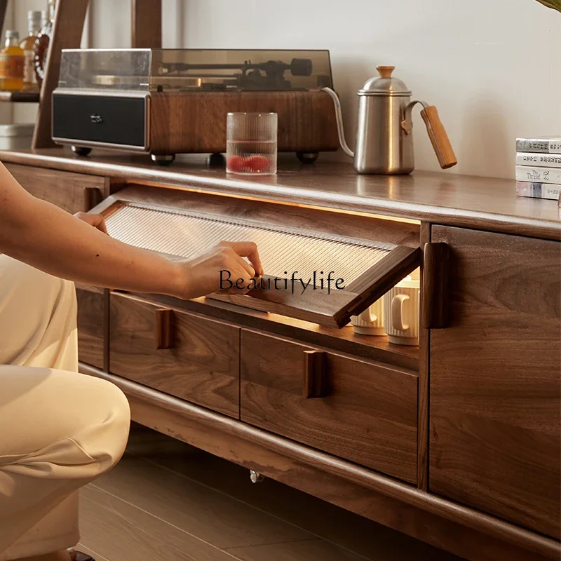 FG10Nordic black walnut solid wood TV cabinet modern simple living room storage locker integrated