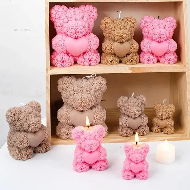 2026-Latest Models 3D Bear Hug Love Silicone Candle Mold DIY Rose Bear Candle Making Supplies Handmade Soap Plaster Resin Mould