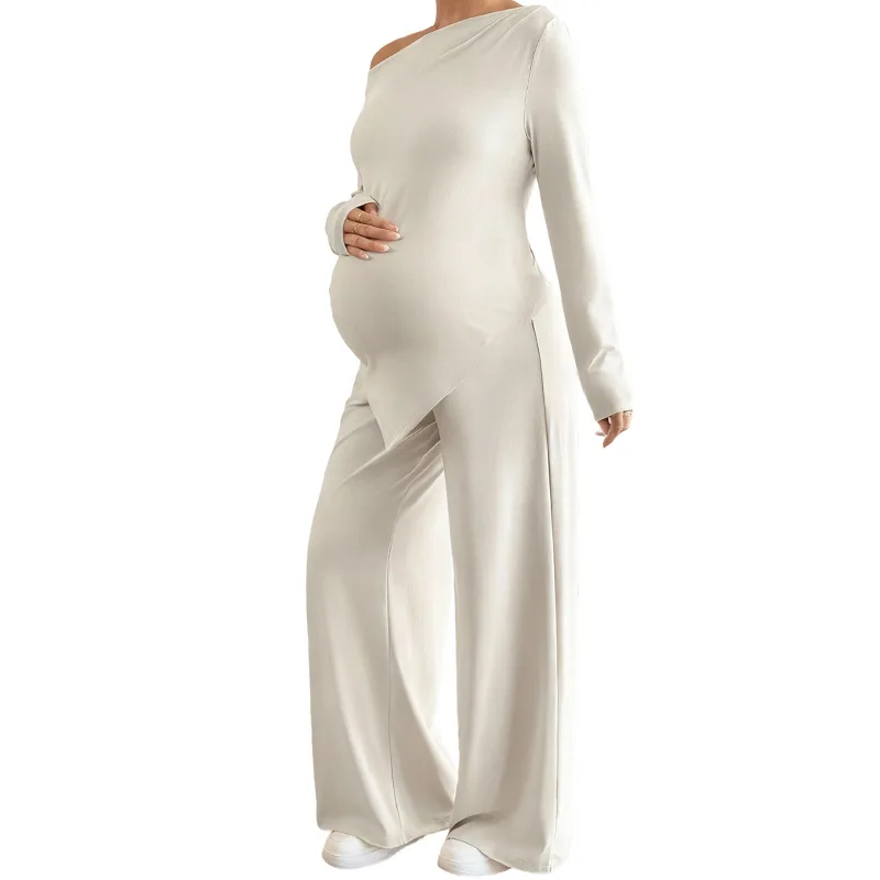 Maternity Pregnant Women Clothing Sets Solid Long Sleeve One-shoulder Irregular Hem Tops + Pants Spring Casual Pregnancy Outfit - view 3