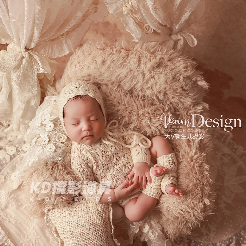 خمر الوليد التصوير الزي البيج محبوك الدانتيل رومبير + بونيه + الجوارب مجموعة ريترو ستايل الطفل صور الدعامة لحديثي الولادة اطلاق النار #2