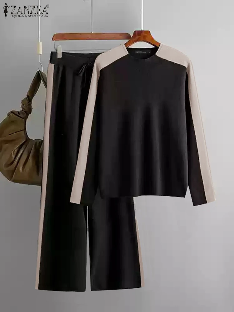 

ZANZEA Long Sleeve T-shirts Women 2pcs Outfits Daily Color-Blocked Panels Casual 2025 Spring Pant Sets Wide Leg Pant Tracksuits