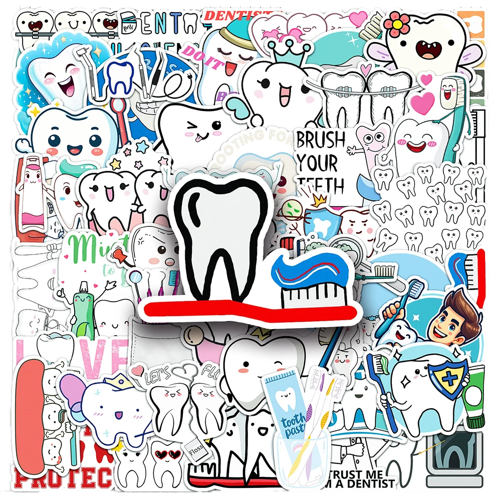 10/30/50pcs Cute Cartoon Healthy Teeth Stickers Toothbrush Dentist Graffiti Decals DIY Notebook Luggage Funny Decoration Sticker