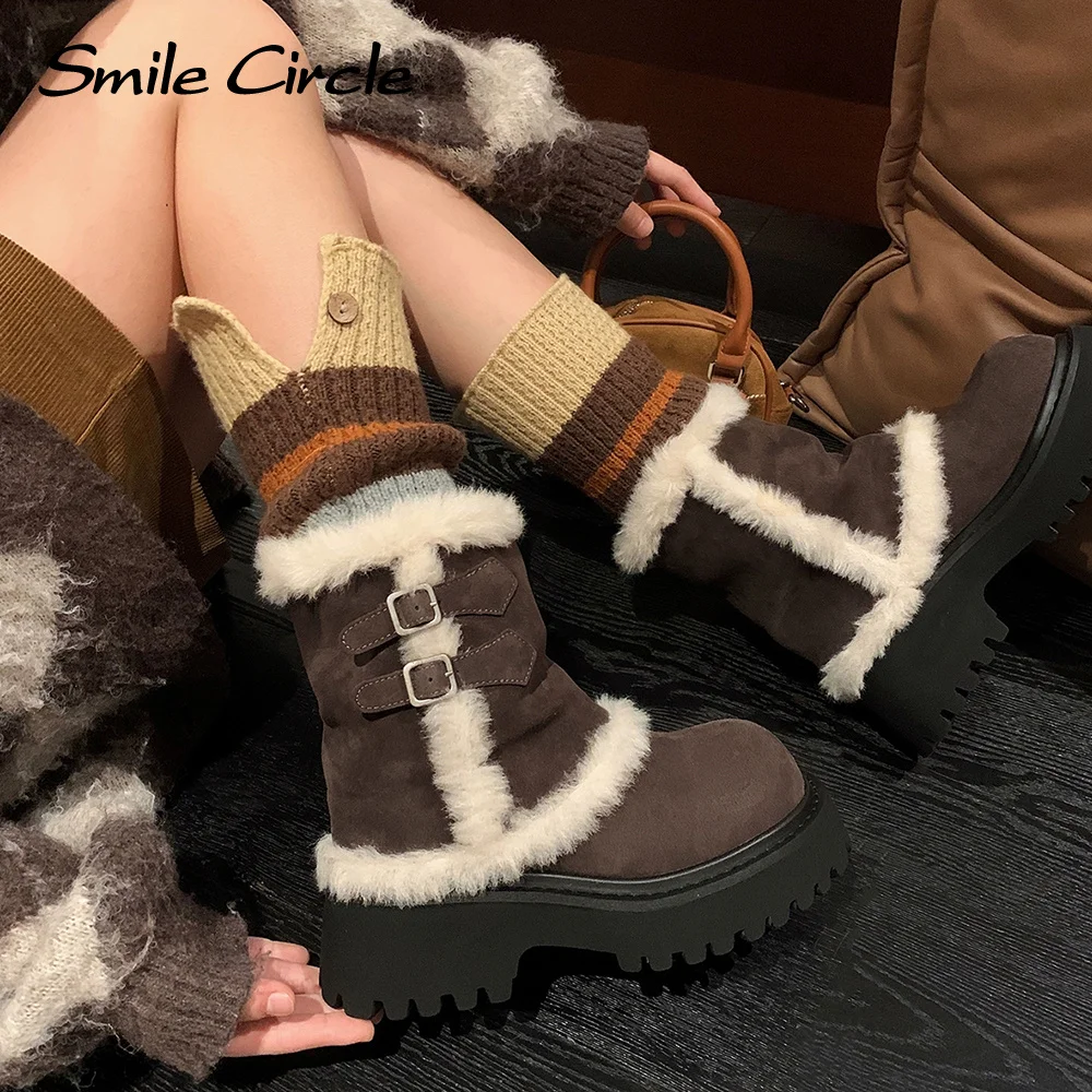 Smile Circle Women Snow Boots Suede Leather Plush platform Boots Winter Warm simple and versatile Casual Boots