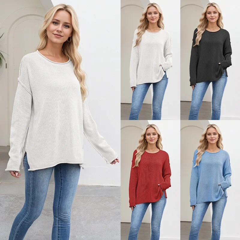 

2025 new European and American women's sweater for women in autumn and winter round neck pullover loose knitted sweater