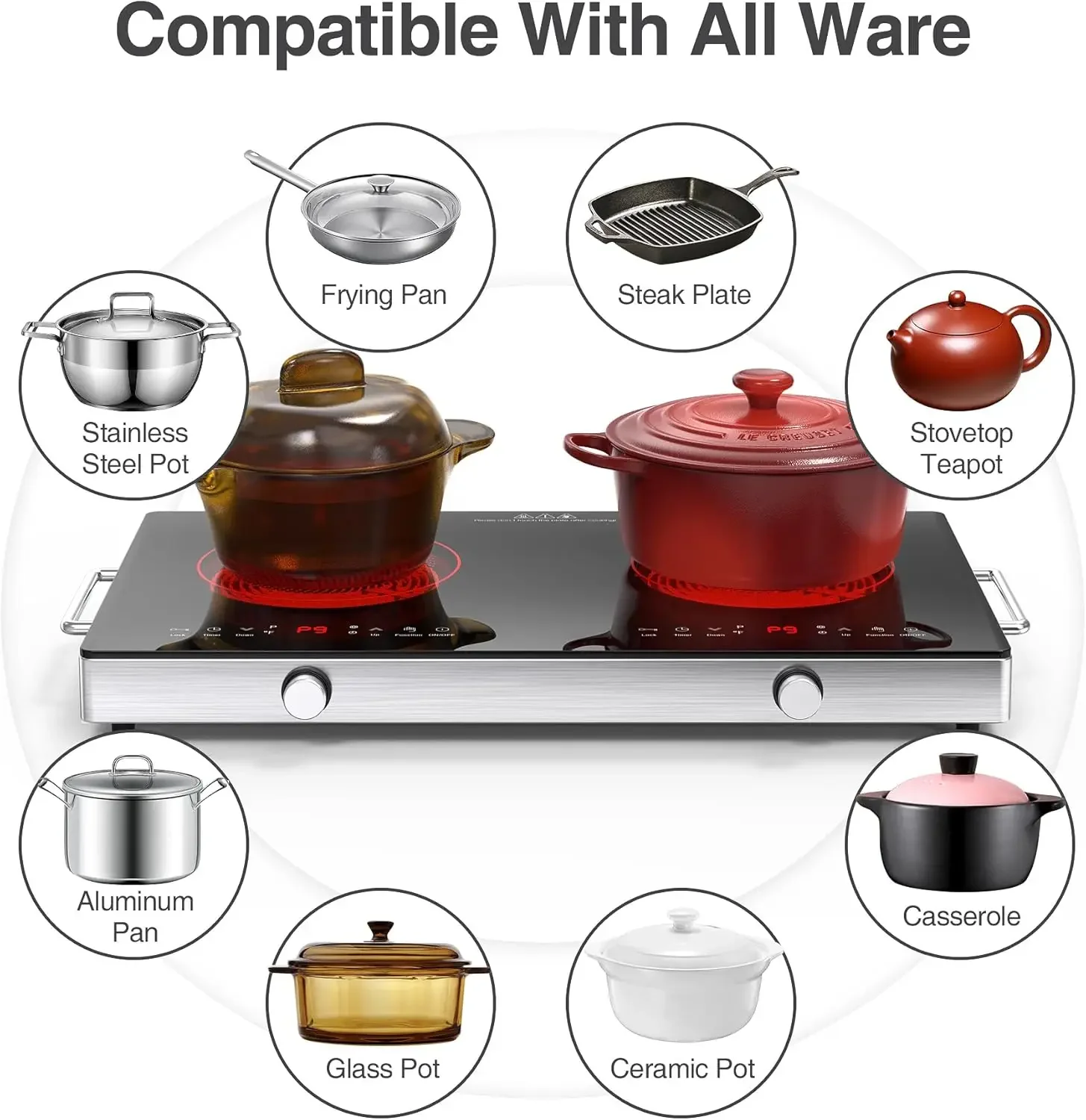 موقد كهربائي مع تحكم في المقبض، 9 مستويات طاقة، قفل ومؤقت للأطفال، تحكم باللمس LED، ارتفاع درجة الحرارة