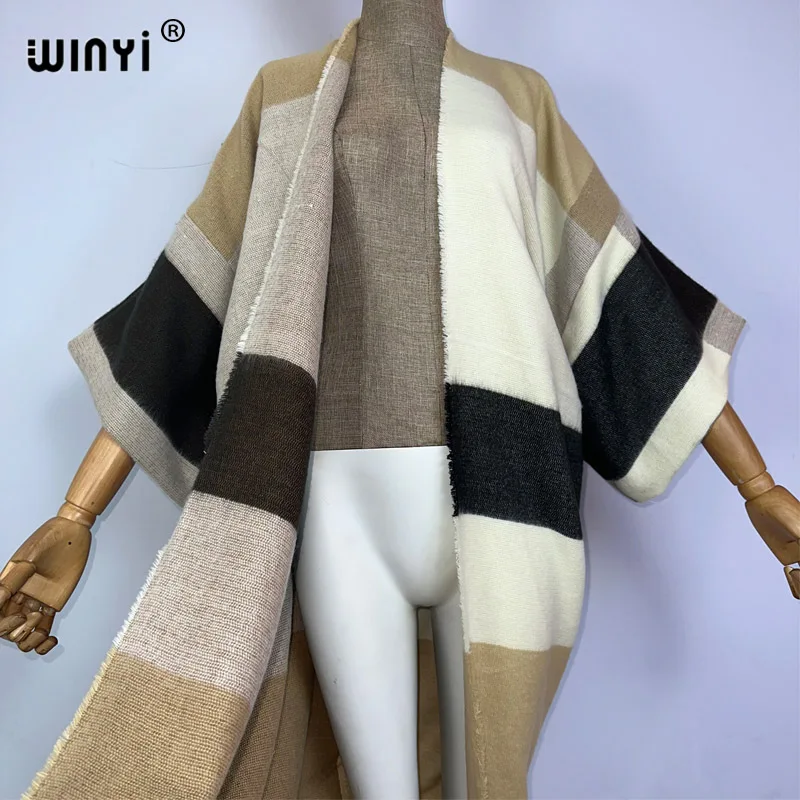 WINYI elegant Winter Plaid print cloak Women High Quality poncho tassels Luxury Loose OverCoat Thick Warm Female maxi coat top