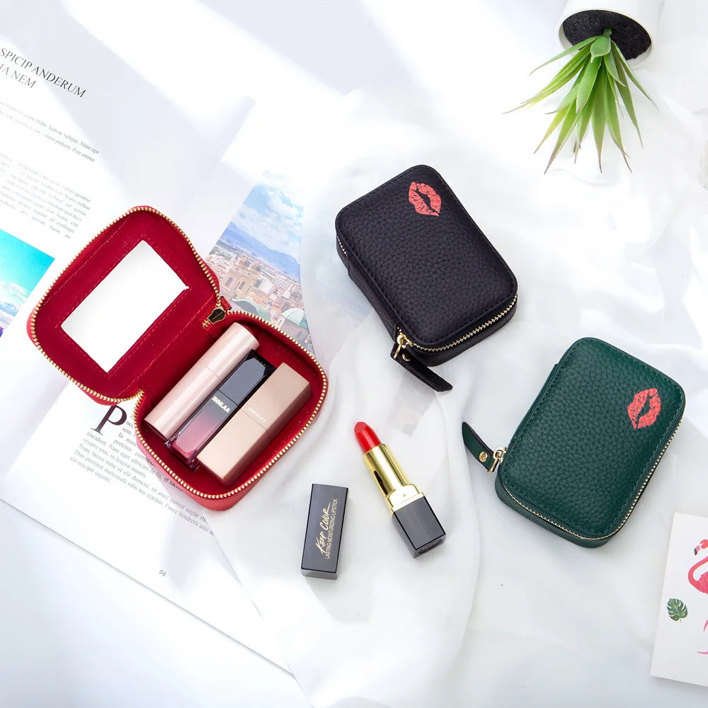 Genuine Leather Lipstick Bag Portable With Mirror Small Mini Cosmetic Bag Women's Fashionable Coin Purse Keys Headphones Bags.