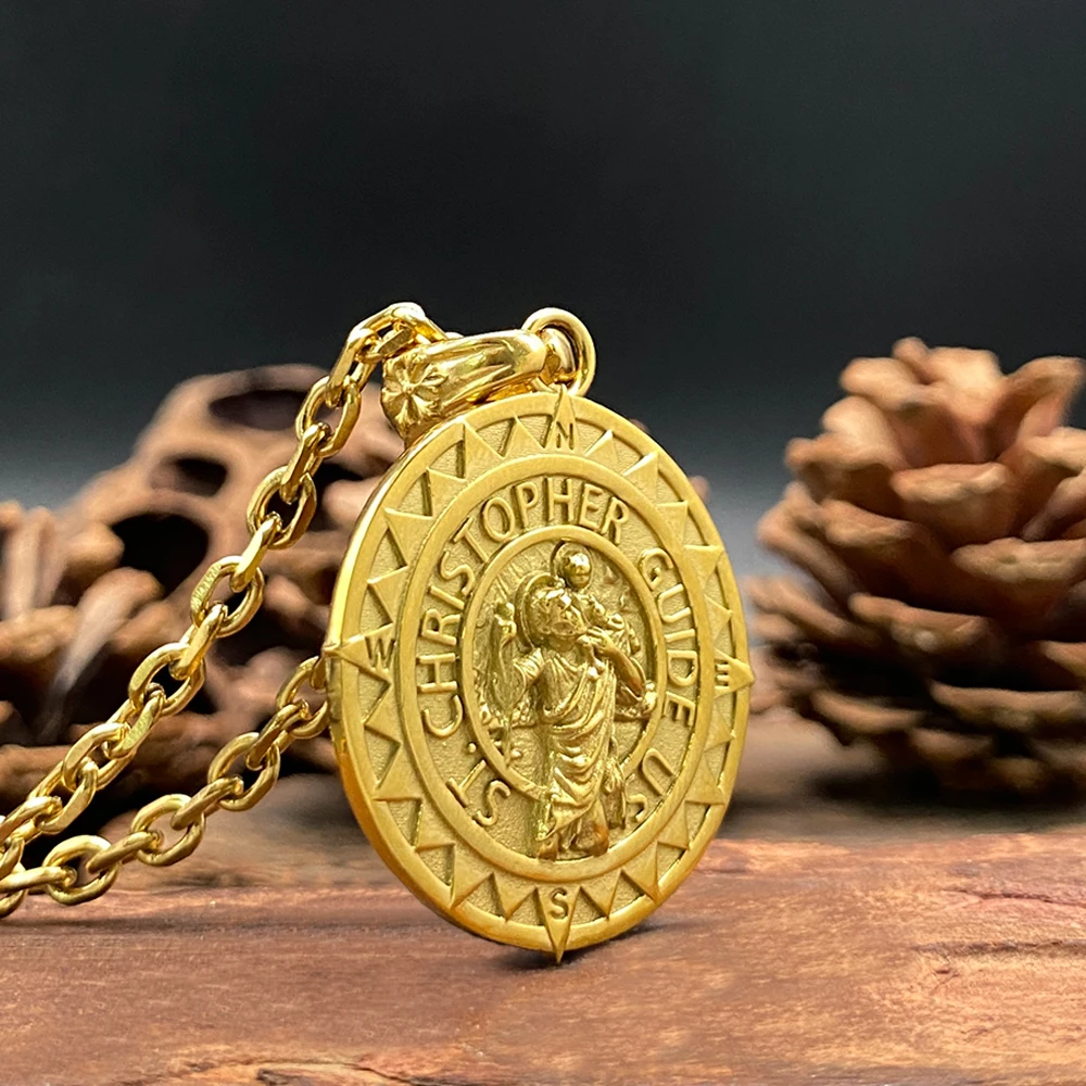 Men's St Christopher Necklace Gold Plated Stainless Steel Religious Medal Pendant Travel Protection Gift view 4