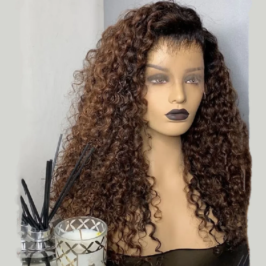 

Long Ombre Brown Lace Front Wig Soft Middle Part 26Inch Kinky Curly For Women Synthetic Preplucked Glueless Daily Wear Wig