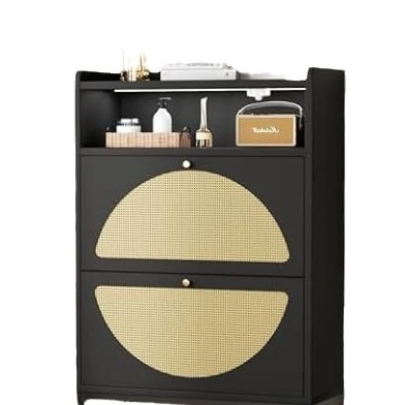 Ultra-thin rattan tipping bucket shoe cabinet, household door, ultra-narrow, with drawers, storage cabinet