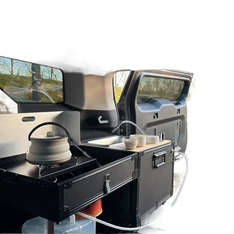

Outdoor mobile kitchen, car multi-function kitchen box, camping picnic stove, barbecue folding table, portable belt wheel