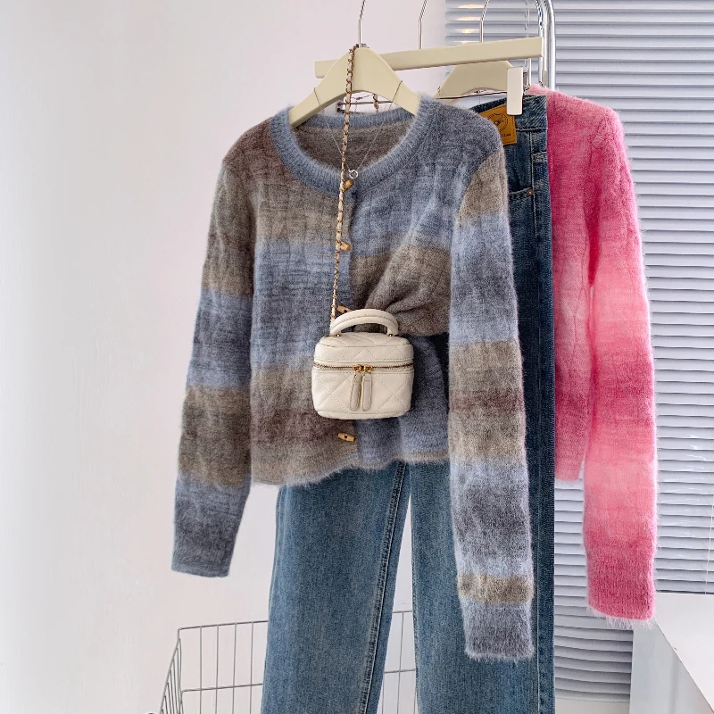 Gradient Color Crewneck Woman for 2024 Autumn WinterFried Dough Twists Sweater Korean Chic Lady Knitted Cardigan Female Jackets