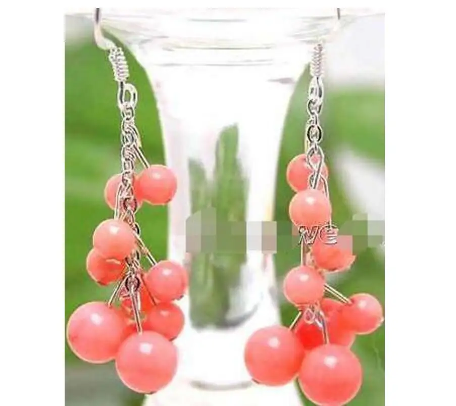 

new hot SALE GENUINE 4-6mm Round Natural Pink coral 2" Grape Dangle earring hook