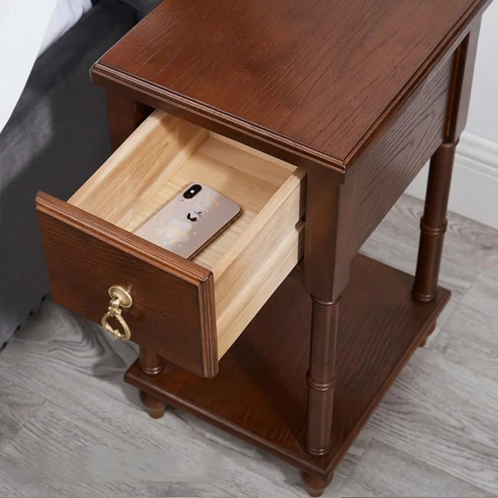 Comodino compatto a due livelli in legno massello con cassetto e ripiano per uso sul comodino