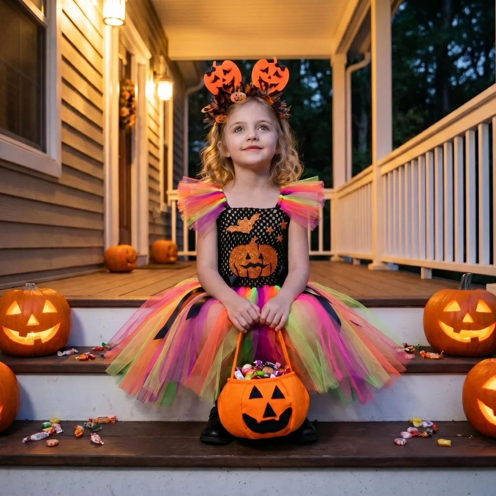 Girls Halloween Funny Pumpkin Bat Tulle Tutu Dress Halloween Festival Party Stage Performance Dress Up Full Accessories Outfit