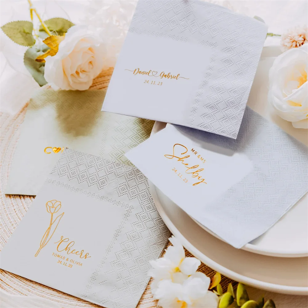 

50PCS Customized Gold and Silver Foil Wedding Napkins, Personalised Cocktail Napkins, Drinks Napkins, Custom Wedding Napkins, s