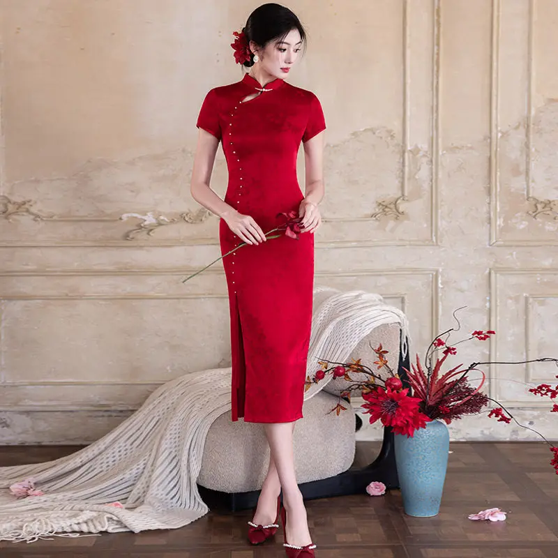 

Красное новое китайское длинное улучшенное платье-ципао 2026 года для невесты, нарядное платье для помолвки