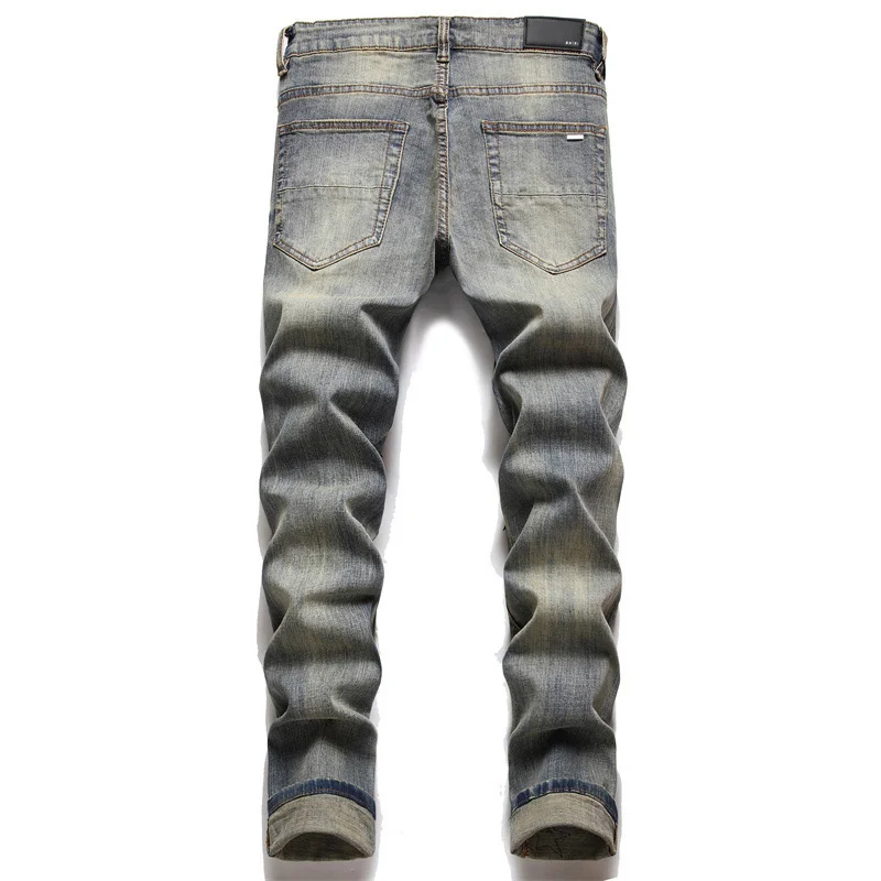 European Jeans With Distressed Patches, Trendy Elastic Slim Fit Leggings, Versatile Men's Pants 3096