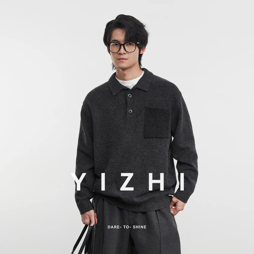

Fashion Men's Sheep Wool Lapel Sweater 2025 Winter New Loose Solid Color Long Sleeve Top Casual Knitted Sweater POLO Shirt