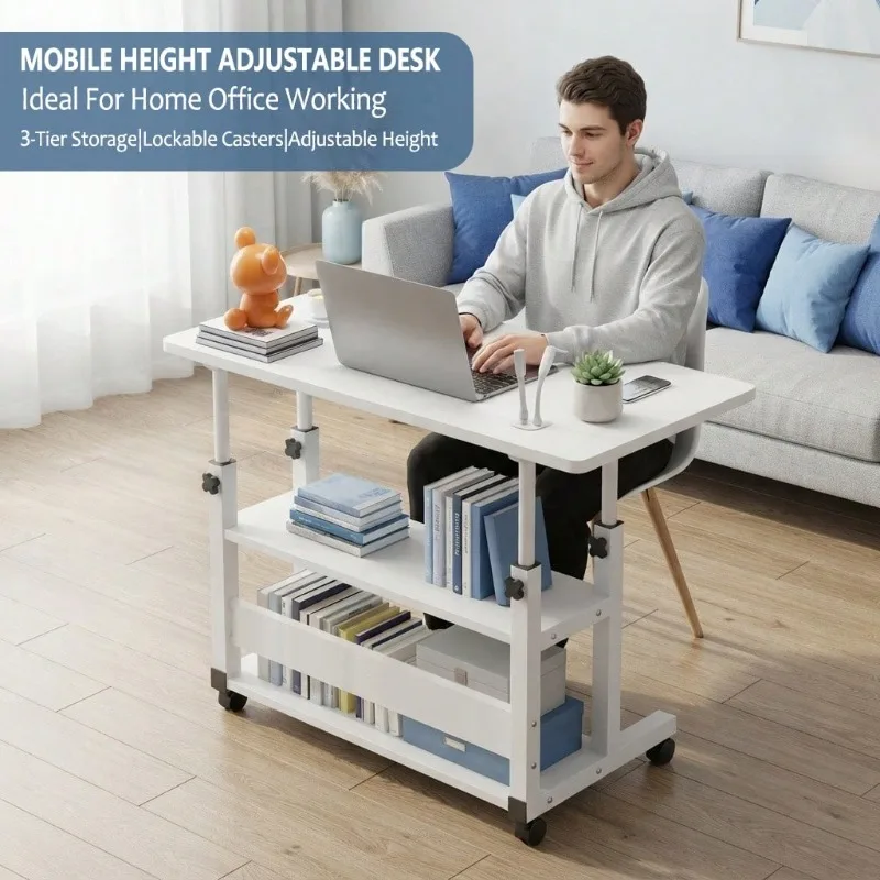 Mobile Office Desk, Portable Computer Desk, Height-Adjustable Office Desk, Study Desk With Wheels, Office Computer Desk, Height-Adjustable Standing Desk, Multi-Functional, Suitable For Bedside, Sofa, Study, Sturdy And Durable, For Home Office Use.