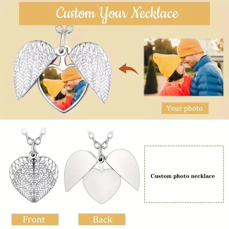 Custom Photo Heart Locket Necklace Personalized Picture Angel Wings Locket Necklace Customized Text Name Men Momen Jewelry Gifts view 4