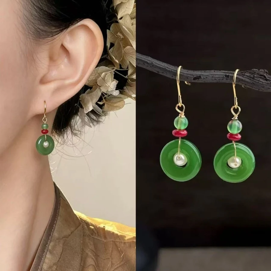 Vintage Green Series Natural Forest Style Earrings for Women Original Design Handmade Green Gemstone Charming Luxury Jewelry