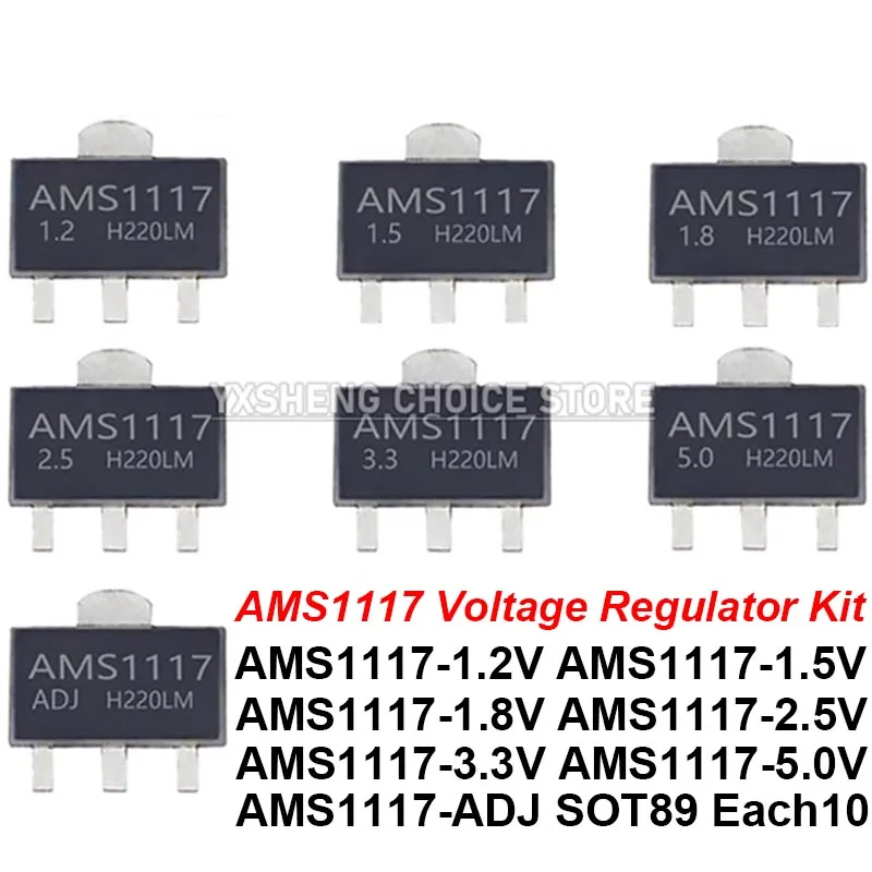 70 PCS = 7 tipos * 10 PCS AMS1117 SO-89 IC AMS1117-ADJ AMS1117-5.0V AMS1117-3.3V AMS1117-2.5V AMS1117-1.8V AMS1117-1.5V AMS1117-1.2V