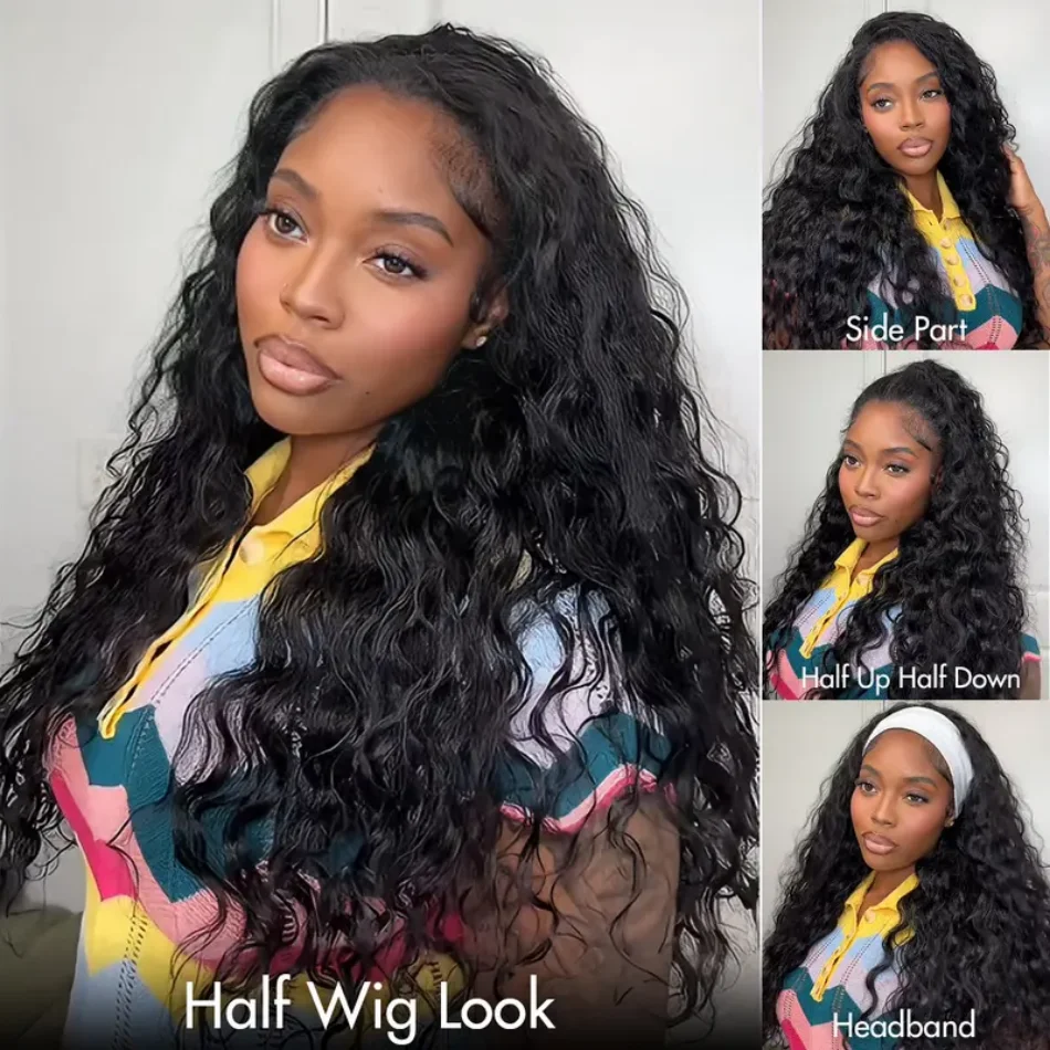 Deep Wave Half Wig Human Hair Seamless Flip Over Glueless Wear And Go Beginner Friendly Water Wave Half Up Half Down Wig Beginner Friendly With Drawstring 18 Inch