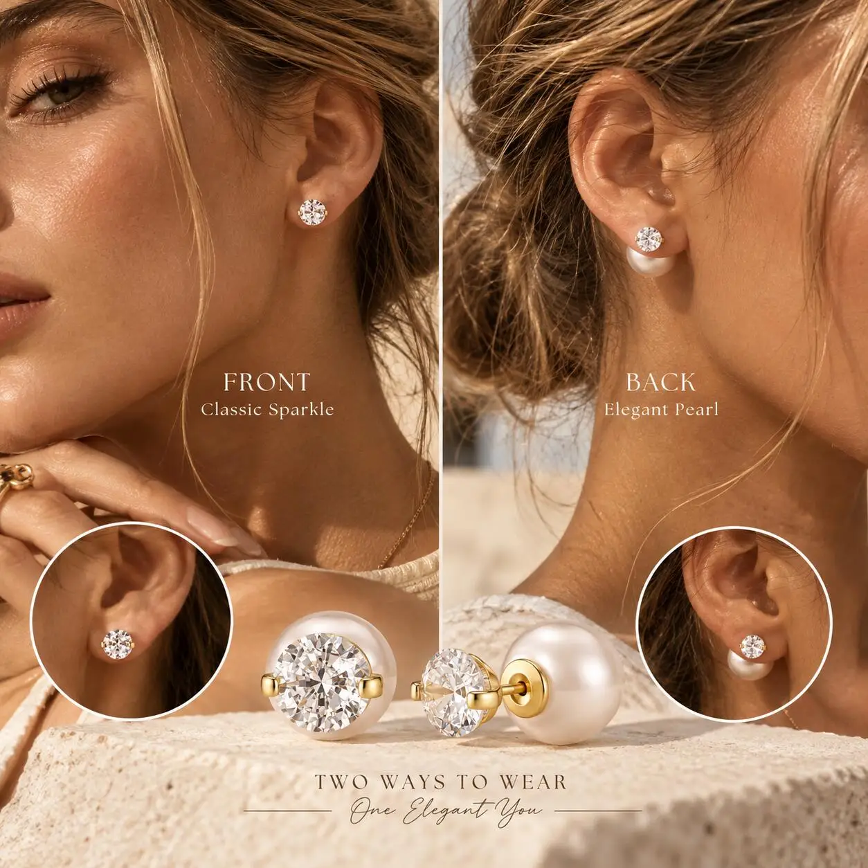 Front Back Pearl Earrings for Women, Gold Plated Copper with White CZ, Reversible Double Wear Stud Jewelry