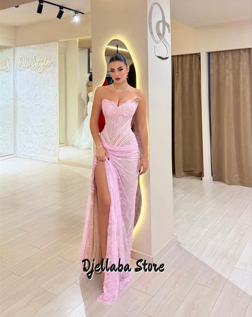 

Pretty Pink Customized Off The Shoulder Sweetheart Wedding Party Dress With Split Side Lace Prom Dresses vestidos de