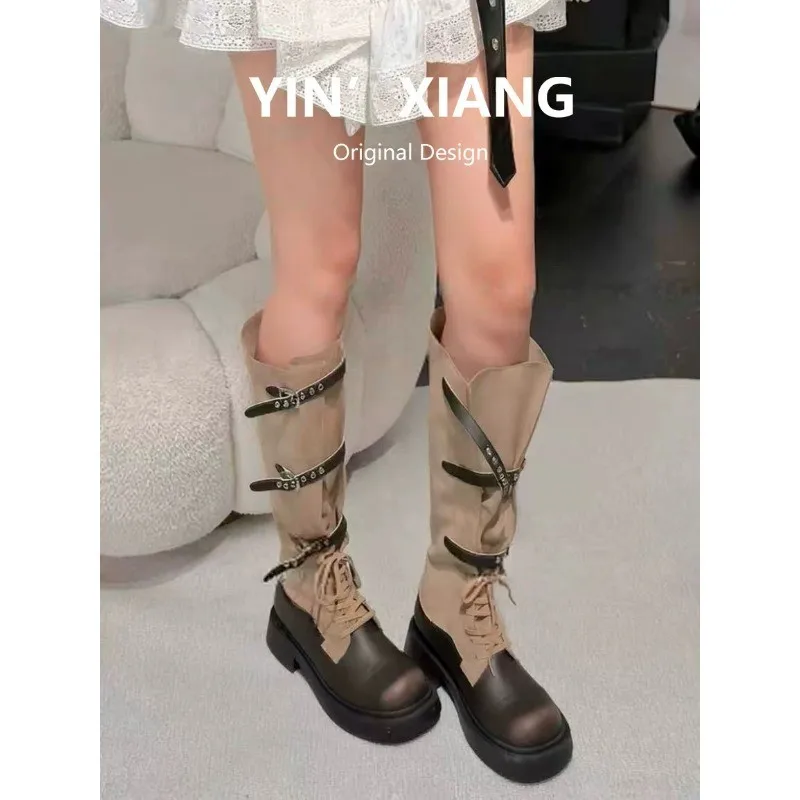 Retro Multi-color Snap-on Ankle Boots with Thick Soles and Long Sleeves - Women's High-top Knight Boots view 2