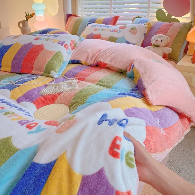 Rainbow Theme Plush Duvet Cover Fluffy Soft Boys Girls Luxury Queen Quilt Cover Winter Warm Letter Print Bedding No Pillowcase