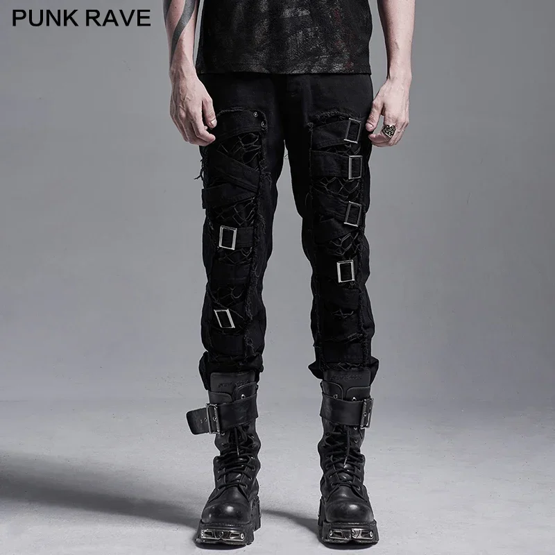 PUNK RAVE Men\'s Punk Slim Fit Decadent Trousers Handsome Tattered Cotton Gothic Daily Twill Woven Casual Pencil Pants Streetwear