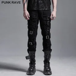 PUNK RAVE Men's Punk Slim Fit Decadent Trousers Handsome Tattered Cotton Gothic Daily Twill Woven Casual Pencil Pants Streetwear