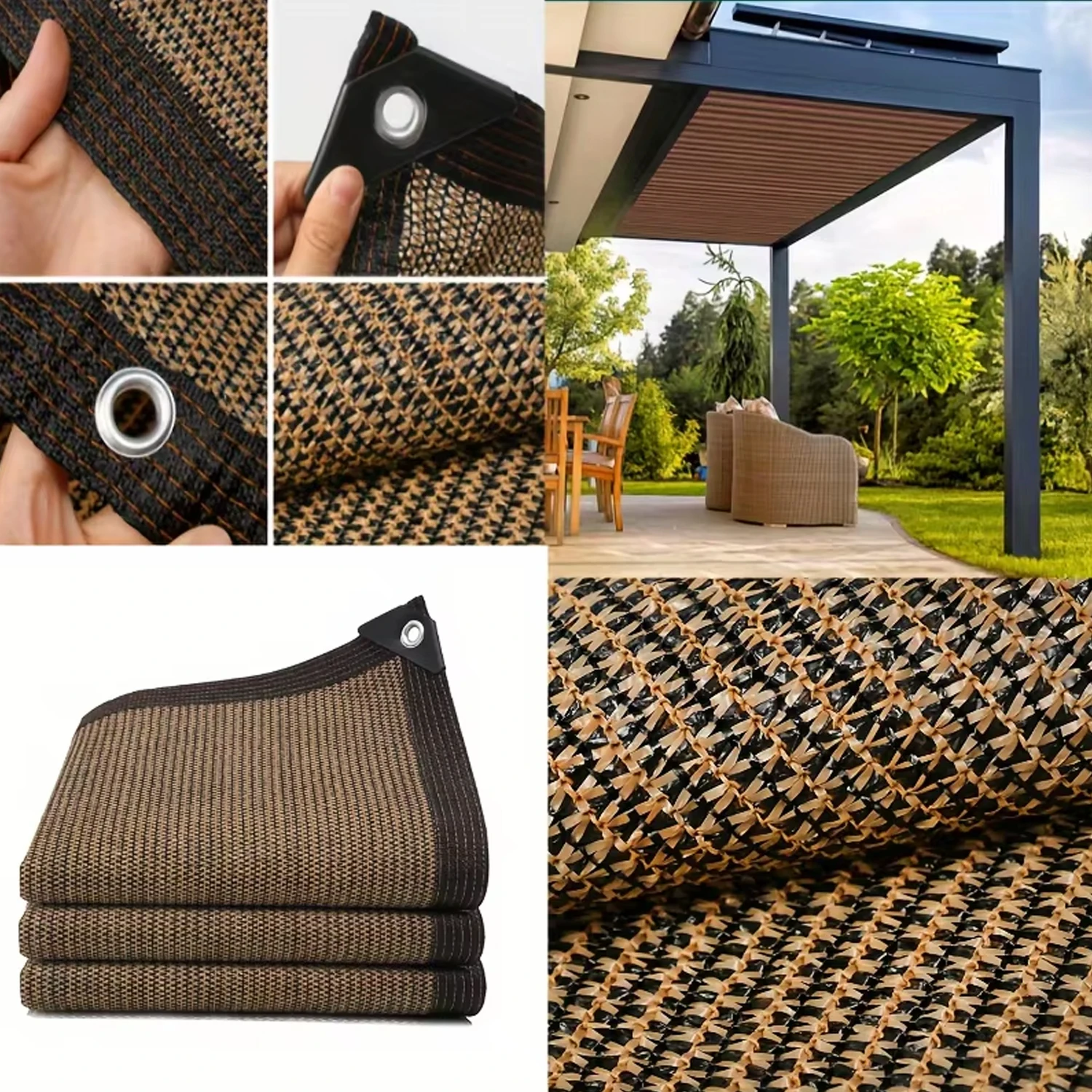 Robustes Schattentuch UV-Schutz Sonnenschutznetz mit Ösen für Terrasse Pergola Garten Hinterhof Carport Braun – Detail 4