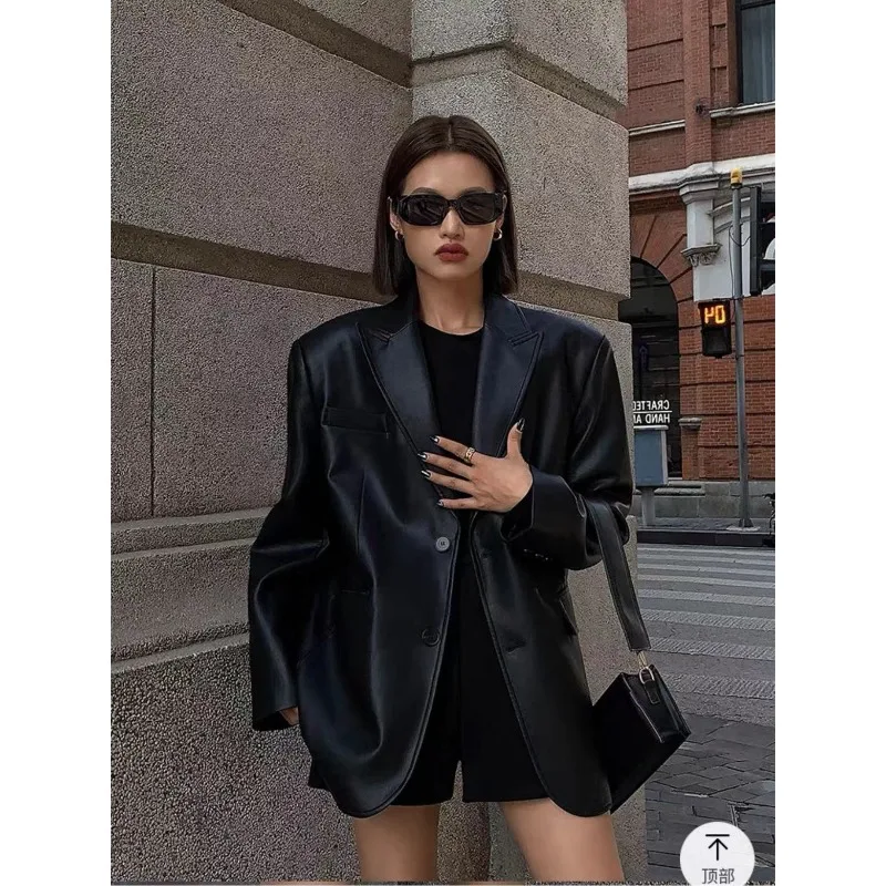 Herfst Winter PU lederen zakelijke blazerjas voor dames Vintage reversknop met lange mouwen Werkjas Losse uitloper met zak