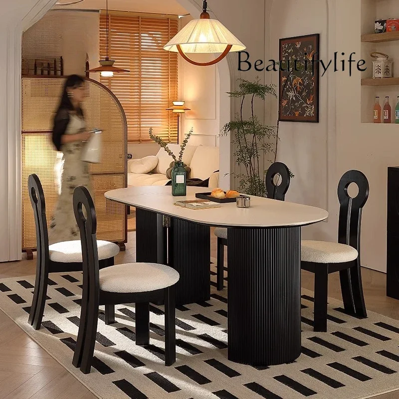 

household foldable telescopic Semi-oval rock slab dining table and chairs small apartment French cream medium antique