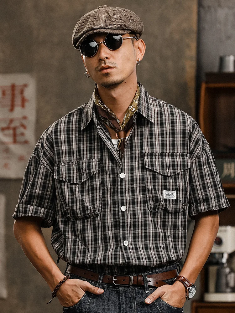 

Хлопковая клетчатая рубашка в американском стиле ретро с короткими рукавами, мужская летняя новая модная брендовая свободная повседневная рубашка-карго, мужская одежда