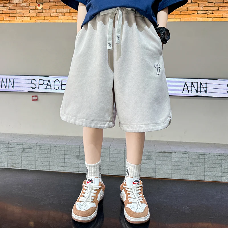 Loose Casual Kids Summer Cotton Shorts for Teens Boy Grey Beige Color Knee Length Pants Children Fashion Capris Shorts Age 5-14T