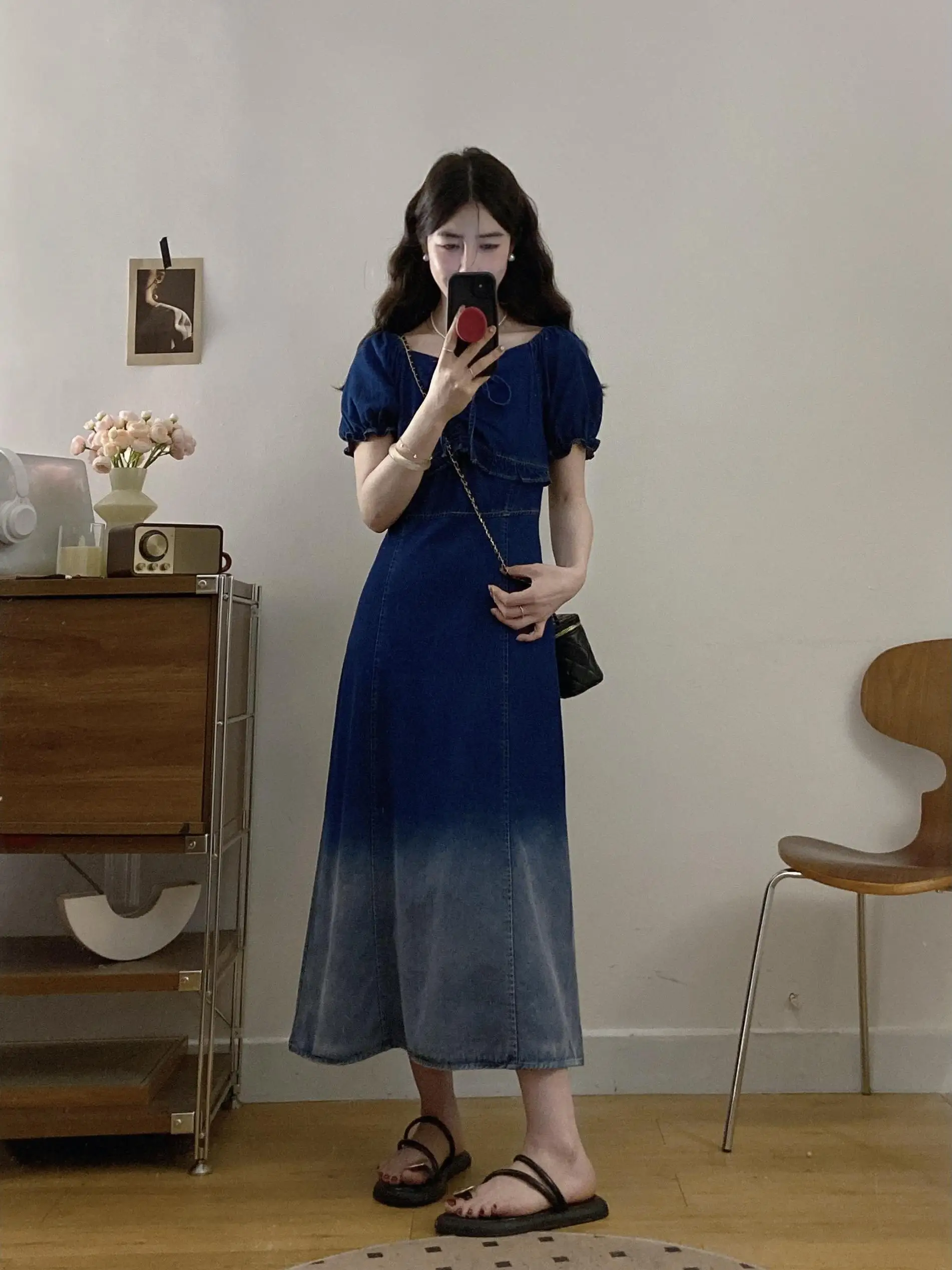 plus Size adient Denim Dr Coreano Sle Gonna a trapezio Vita snellente Design Quadrato Ne ort Sve Long Dr