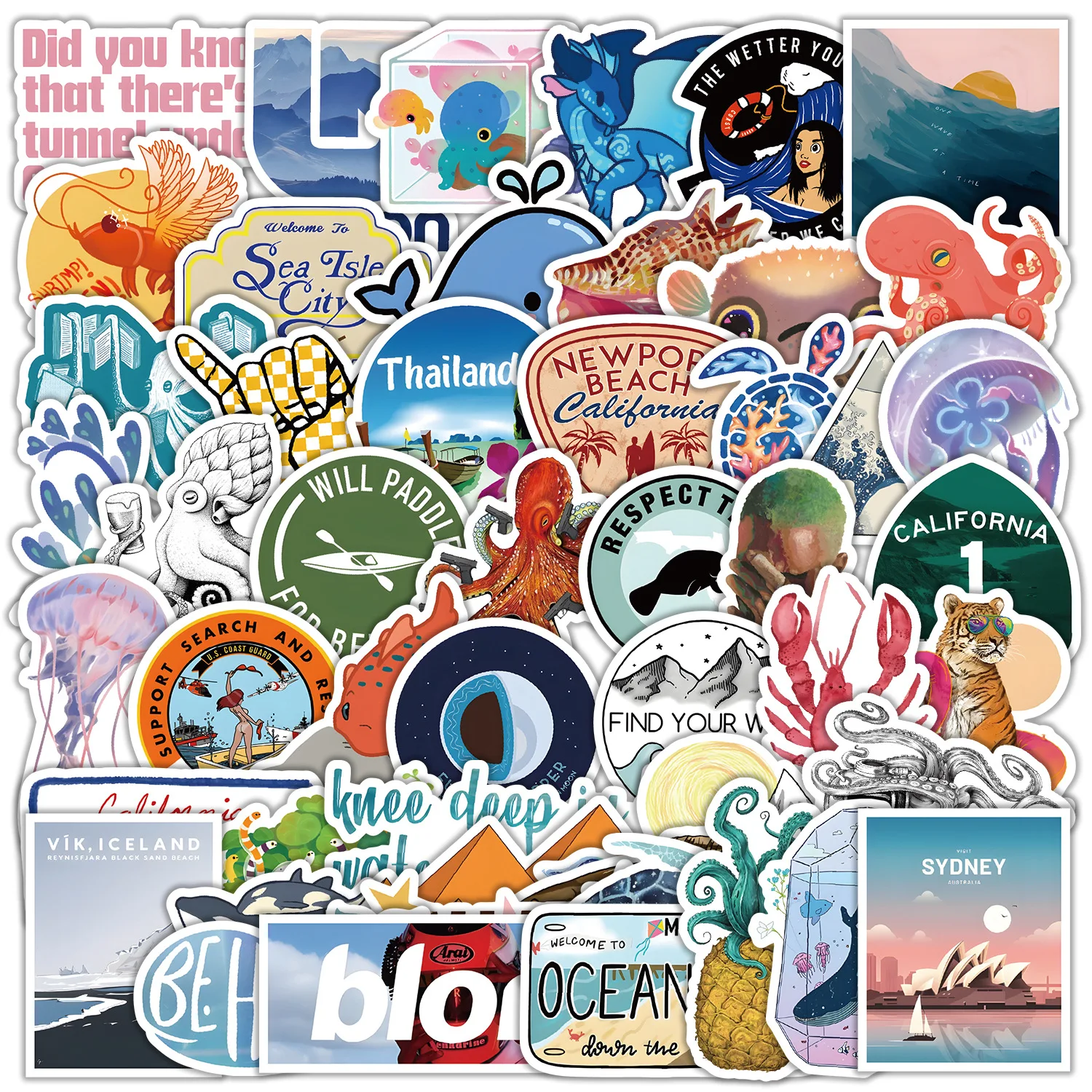 10/30/50PCS Ocean View Cartoon Sticker Decals Toys DIY Suitcase Skateboard Phone Luggage Bike Stickers Gift