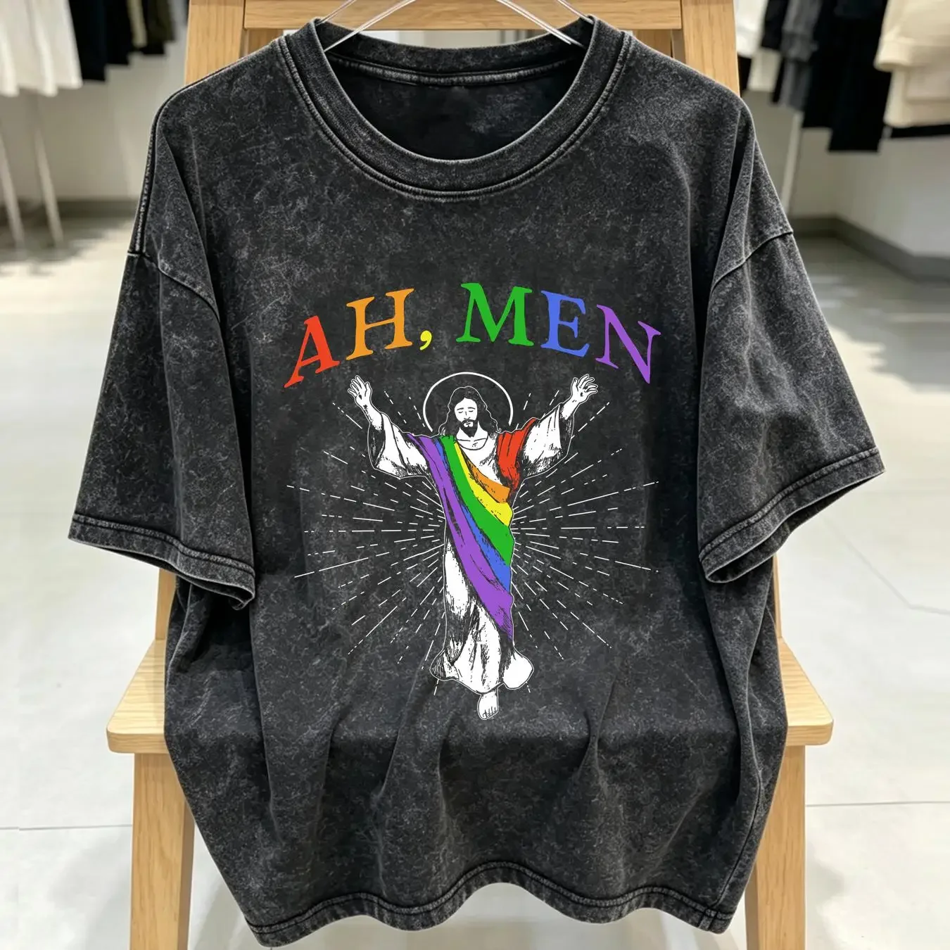 washed T Shirt Ah Men Jesus LGBT LGBTQ Pride Month Support Parade Gender Equality Gay Lesbian long or short sleeves vintage