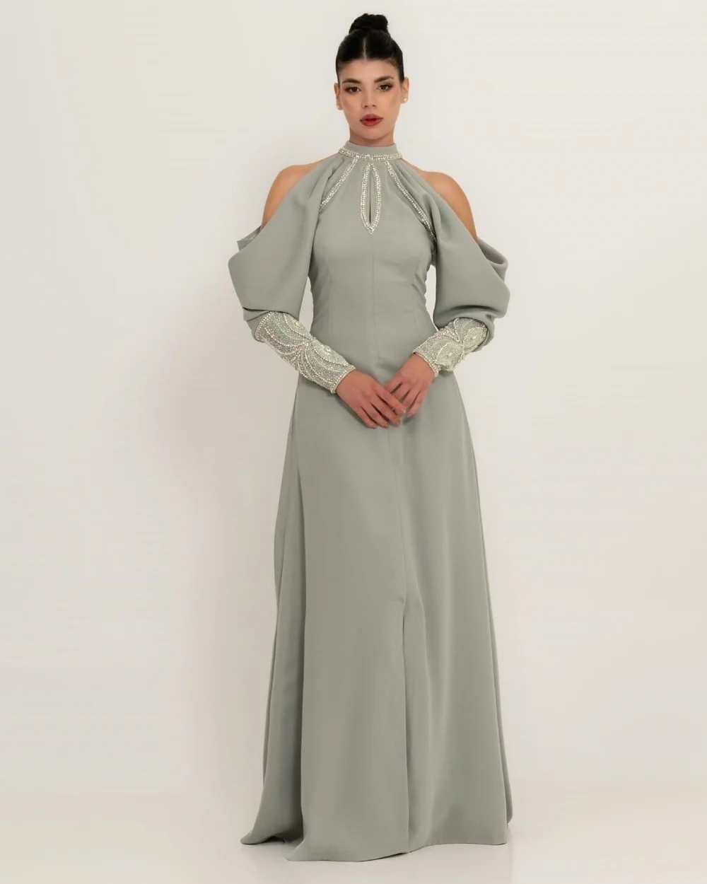 Customized Sizes Available Jersey Sequined Pattern A-line Halter Long Prom Dresses Bespoke Occasion Exquisite Formal
