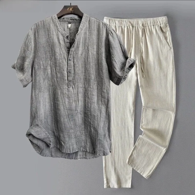 

Loose Men's Linen Pyjamas Short Sleeve Cotton Linen Home Clothes Summer Comfortable Breathable Men's Sleepwear Long Pants