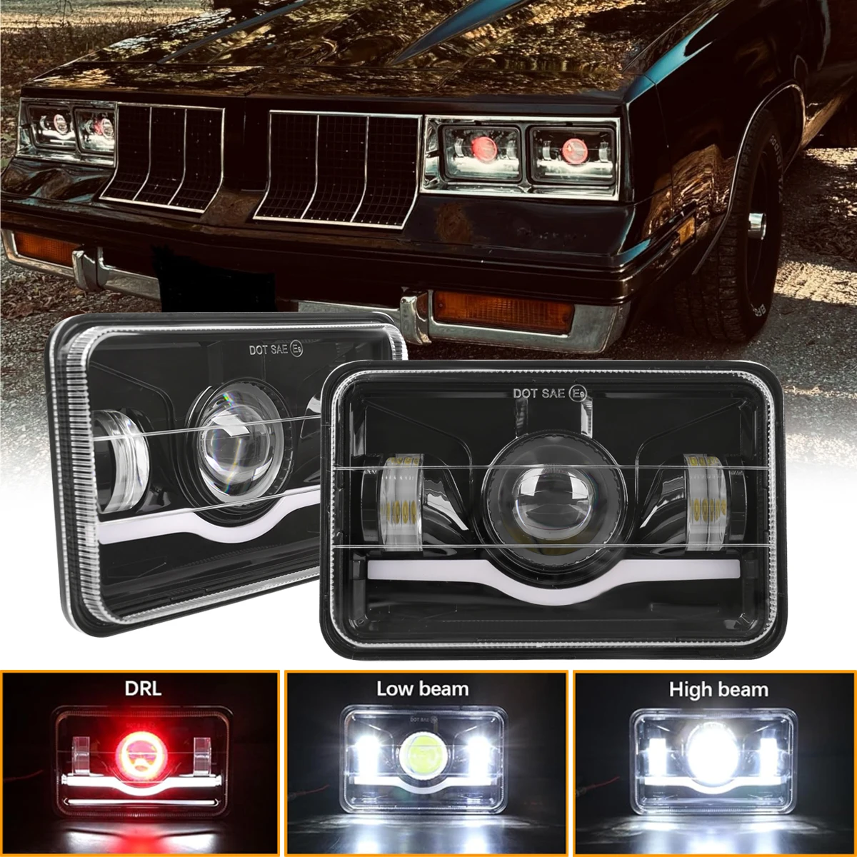 Faro LED de 4 ''x 6" pulgadas para Buick Electra LeSabre Regal Riviera Cadillac Eldorado Sevilla Ford Mustang sonda H4656 H4651 H6545