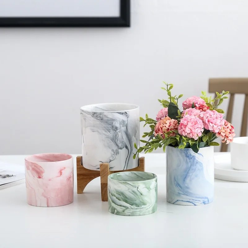 Nordic Creative Cylinder Vase Ceramic Marble Succulent Planter Set