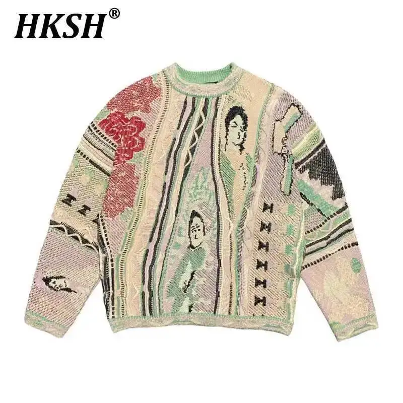 

HKSH Men's Tide Vintage Color Contrast China-Chic Pattern Knitted Round Collar Pullover Sweater Jacquard Large Size Chic HK3193