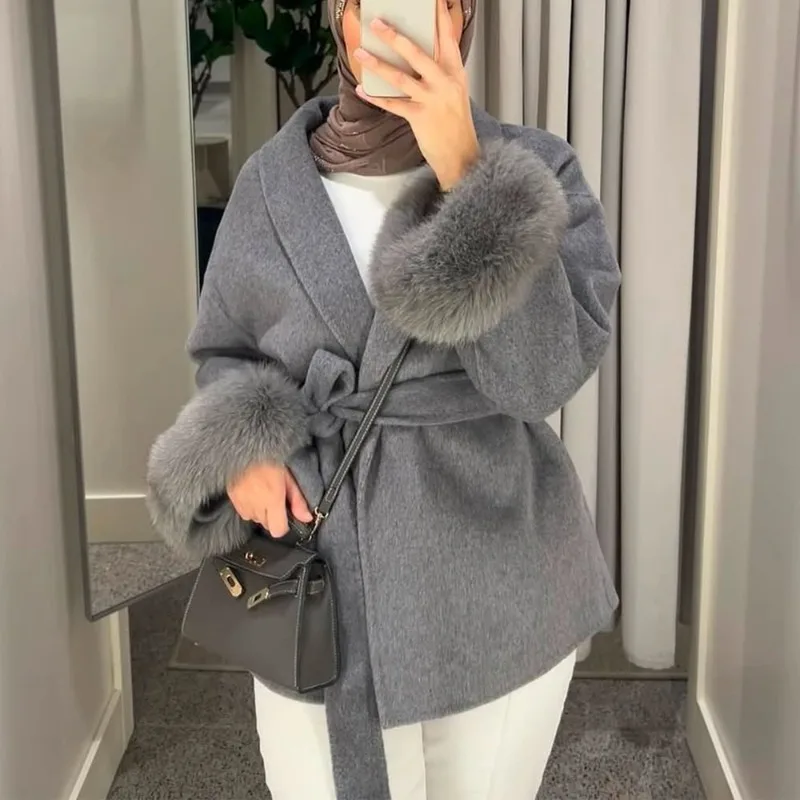 Talenza frauen Wolle Mantel Mode Neue Dicke Woolen Mantel Büro Dame Casual Revers Lose Gürtel Kurzen Mantel Frauen Weibliche outfits 2025