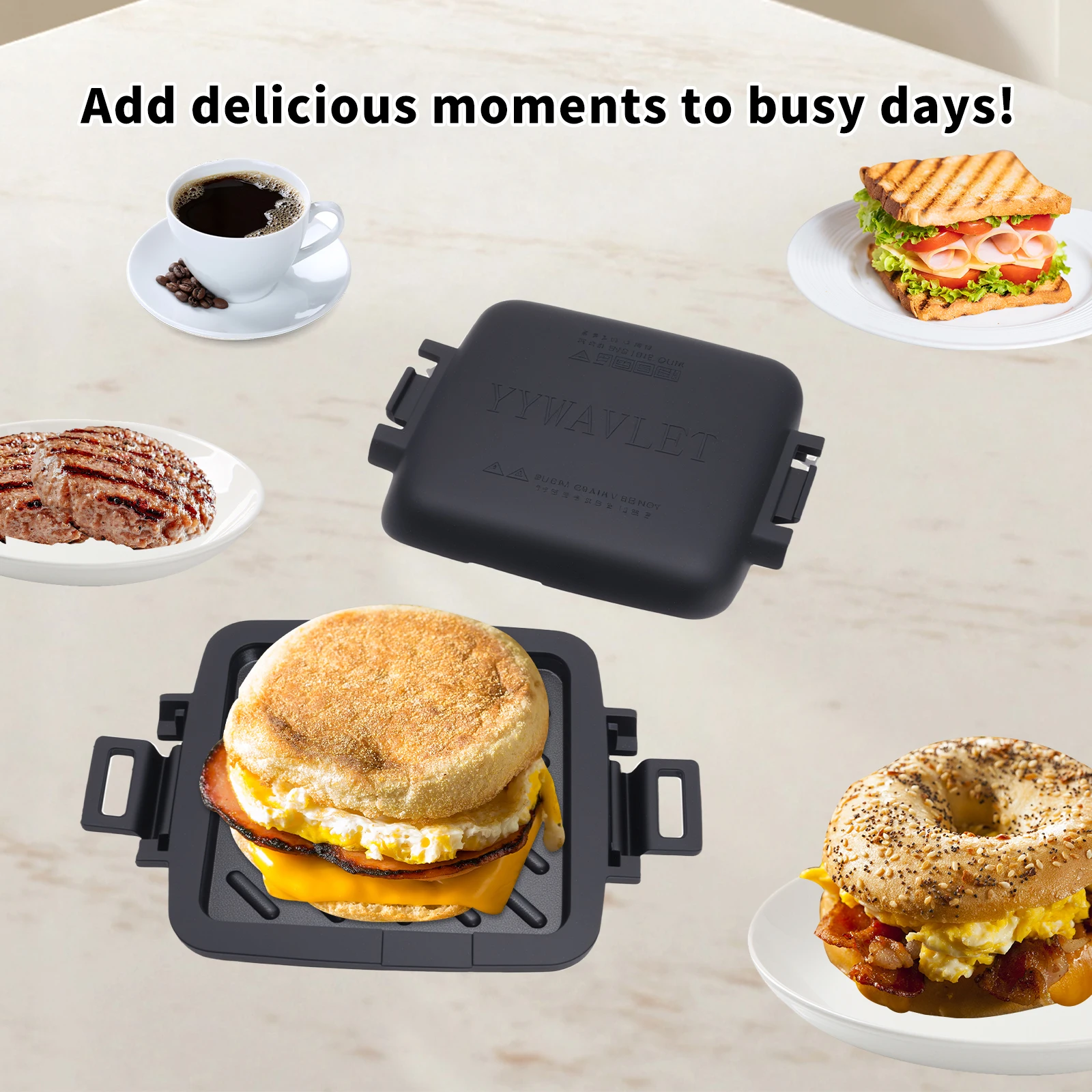 محمصة الميكروويف، سائق البصق، صانع الساندوتشات، صانع بانيني، أجنحة الدجاج المشوية، شريحة لحم، هوت دوج، فيليه السمك، ساندويتش