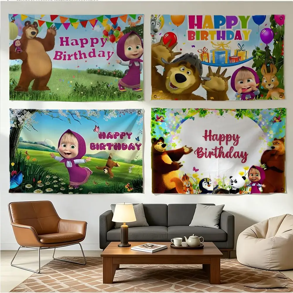 Cartoon Family Masha And The Bear Flags Four Ring Borderless Art Decor Indoor Outdoor Use Simple Hang And Install
